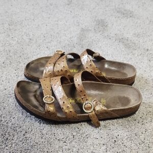 Birkenstock Tatami 3 Strap Ostrich Leather Print Sandals Tan Size 39 Narrow